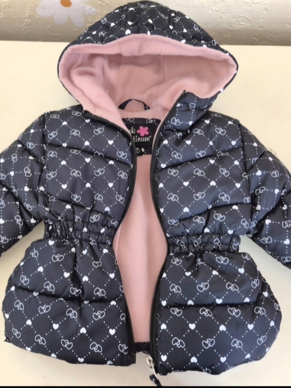 Pink-Lined Black Heart-Print Puffer Jacket for Kids
